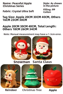 Size chart for Santa, snowman, and reindeer plush toys with soft fabric and PP cotton detail