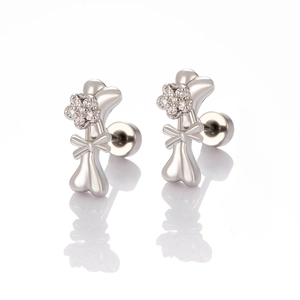 Cute silver bone-shaped titanium steel stud earrings with clear gemstone flower and screw back