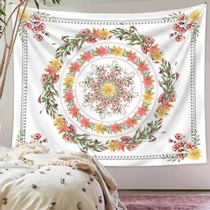 Minimalist white floral tapestry with circular flower wreath for bedroom wall decoration