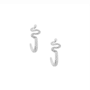 Detailed close-up of silver snake earrings with intricate diamond-shaped engraved patterns