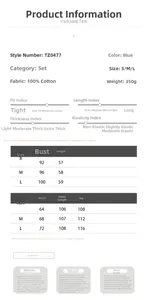 Size guide table for blue cotton ruffle top and wide-leg pants set with detailed measurements