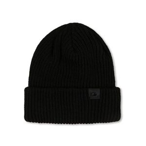 Detailed view of black knitted beanie featuring a wide cuff and leather brand patch