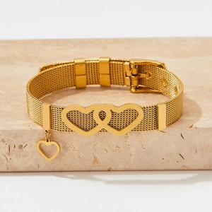 Golden mesh strap stainless steel bracelet with intertwined heart charms on stone base