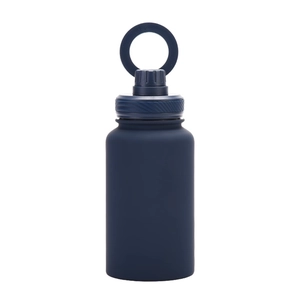 Detail showing matte navy blue finish and circular carrying handle of the sports bottle