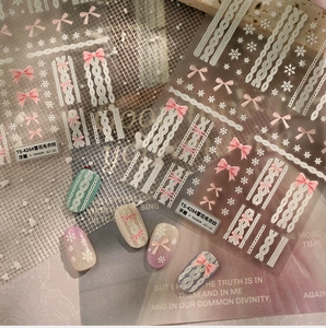 Detailed 5D embossed nail art stickers with white sweater texture and pink bows TS-4264