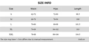 Size chart for leopard print flared pants showing waist and hip measurements in cm
