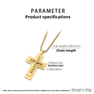 Detailed view of gold multi-layer cross pendant with 650mm pearl chain specifications