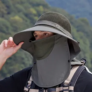 Outdoor sun protection wide brim hat with neck flap and face mask in dark grey