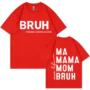 Red Mother's Day T-shirt with BRUH print and mom life ladder text on white background