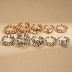 10-piece set of gold and silver open rings with floral and square rhinestone designs