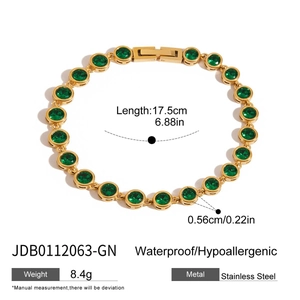 Pulsera de acero inoxidable dorada con piedra redonda verde, 17,5 cm, joyería resistente