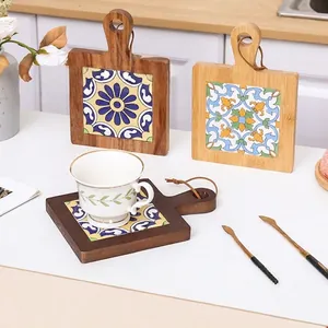 Vintage Wood Ceramic Coaster Heat Resistant Pot Mat With Handle Bohemian Mediterranean Style Table Decor Kitchen Placemat