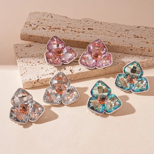 Vintage Luxury Flower Petal Stud Earrings With Alloy Rhinestone And Crystal Glass On Silver Earring Post For Women