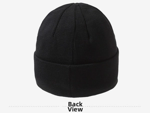 Detail view of the black knit beanie showing the premium ribbed texture and plain back