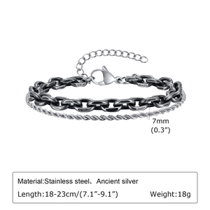 Detail view of 7mm thick ancient silver and stainless steel layered hip hop chain bracelet