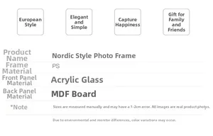 Detail specifications of Nordic photo frame made of PS, plexiglass, and density board
