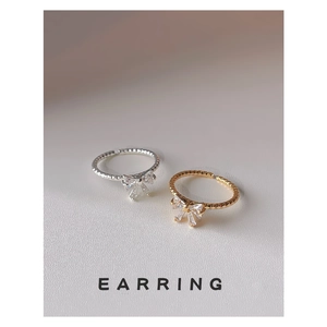 French Style Copper Zirconia Bow Open Ring Adjustable 14K Gold Plated Elegant Ribbon Finger Ring Fashion Jewelry For Women