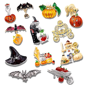 Halloween enamel brooch set featuring pumpkin, bat and witch designs with rhinestones