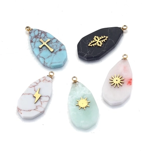 Natural stone square pendants with gold symbols for DIY necklaces and jewelry making