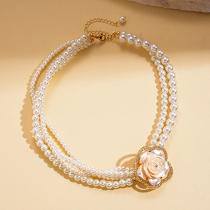Elegant multi-layer pearl necklace with rhinestone heart rose pendant in gold finish