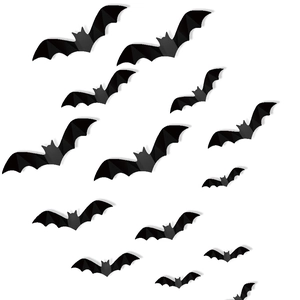 3D geometric black bat wall stickers for Halloween party decor, 15-piece set on white wall