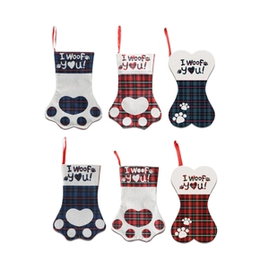 Set of 6 pet Christmas stockings with paw prints and bone shapes for fireplace decor