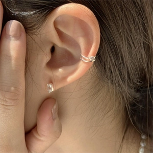 Minimalist 925 silver square zircon stud earring and double loop ear cuff set on model