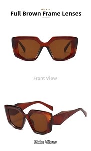 Detailed views of polygon sunglasses with tea-colored frames and lenses from multiple angles