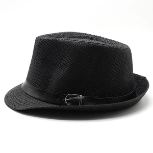 Classic black straw fedora hat with elegant leather band and silver metal buckle