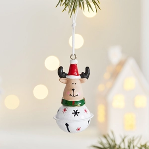 Christmas reindeer hanging ornament with red hat and bell against festive bokeh lights