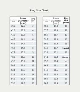 Detailed ring size guide chart showing inner circumference and diameter measurements