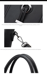 Detail of black leather handbag featuring silver metal hardware and drawstring closure