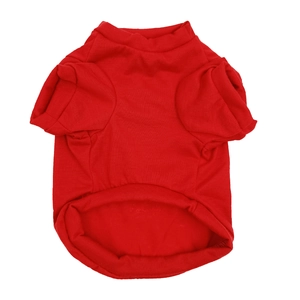 Flat lay view of a red cotton dog t-shirt featuring ribbed neck and sleeve cuffs