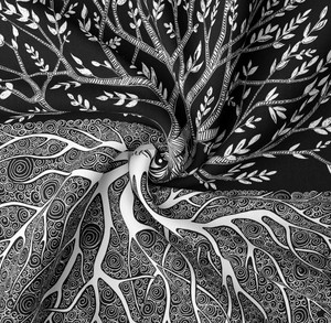 Close-up of tree of life tapestry showing soft polyester fabric texture and spiral print