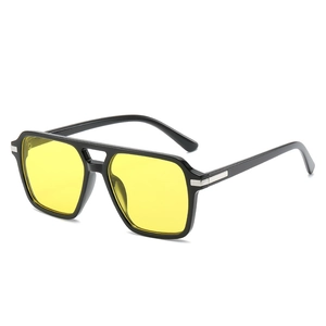 Retro double-bridge square sunglasses with black frame and yellow tinted lenses