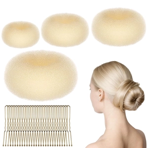 Hair styling set with beige sponge hair donuts and a gold metal comb for buns