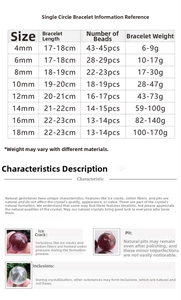 Size guide for gemstone bracelets detailing bead diameters, length, and weight specifications