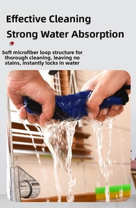 Close-up showing strong water absorption of the blue microfiber cleaning cloth