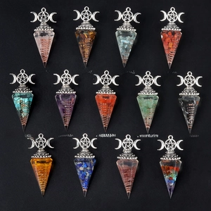 Cone-shaped crystal pendants with copper spiral and triple moon charm in 13 various gemstones