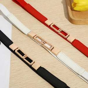 Elastic skinny waist belts for women in black white and red with gold metal chain buckle