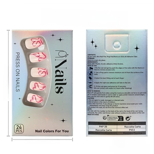 Detailed press-on nail kit set including 24 pieces with hearts and prep tools