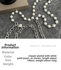 Detail of 100cm platinum-plated copper link chain with pearls and padlock pendant