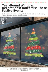 Close-up of a colorful hand-drawn Christmas tree static window sticker on store glass