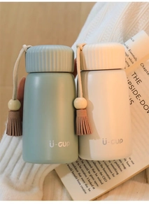 Mini portable vacuum flask with stylish tassel charms in mint green and creamy white colors
