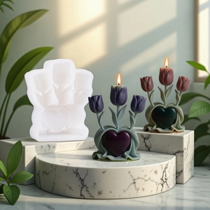 Silikonform für Herz-Tulpen-Kerzen mit lila und rosa handgefertigten Exemplaren