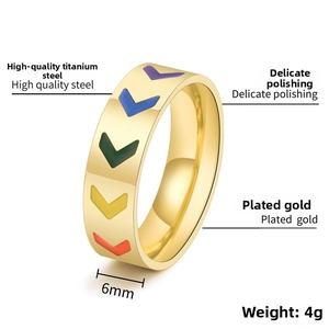 Detailed 6mm rainbow V-shaped arrow ring in gold titanium steel with 4g weight specs