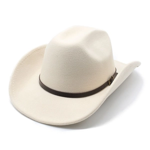 Classic cream wool felt wide brim fedora hat with brown leather belt and metal buckle
