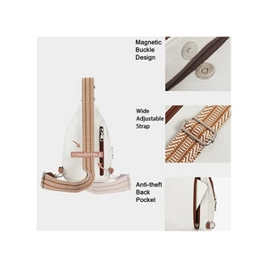 Detail view of white PU leather crossbody bag featuring wide strap and anti-theft back pocket