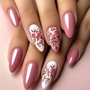 Almond shaped press-on nails featuring elegant pink and white rose floral art designs