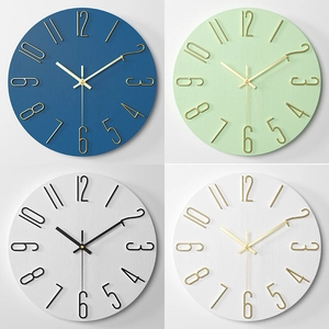 Minimalist 12-inch quartz wall clock collection with textured wood dials and metallic numbers